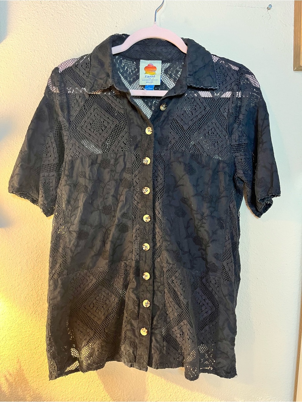 Farm Rio Short Sleeve Black Lace Top Size XS - Picture 2 of 8